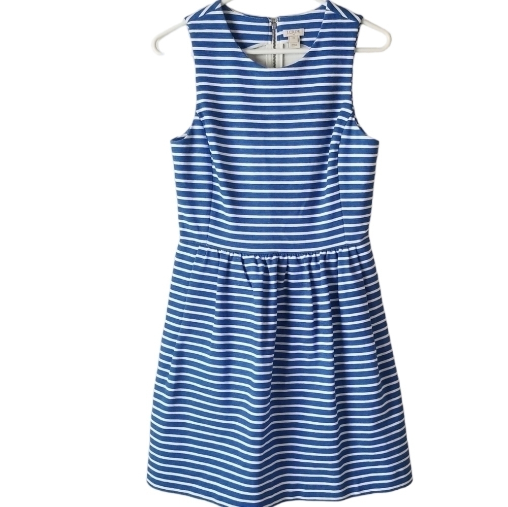 J Crew Blue/White Striped Pleated Ponte Mini Dress with Pockets Size XS